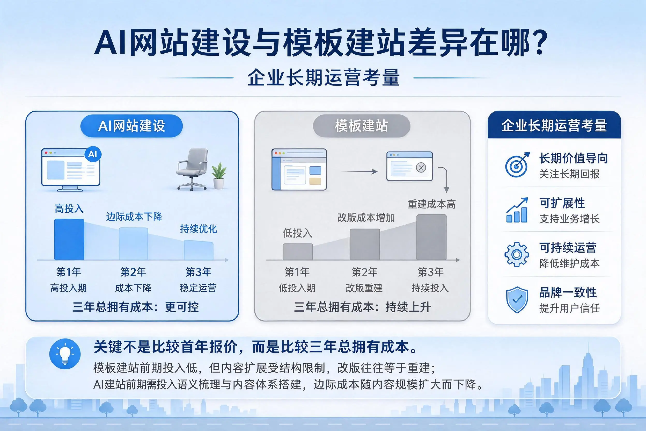 AI网站建设与模板建站差异在哪?铁岭企业长期运营考量